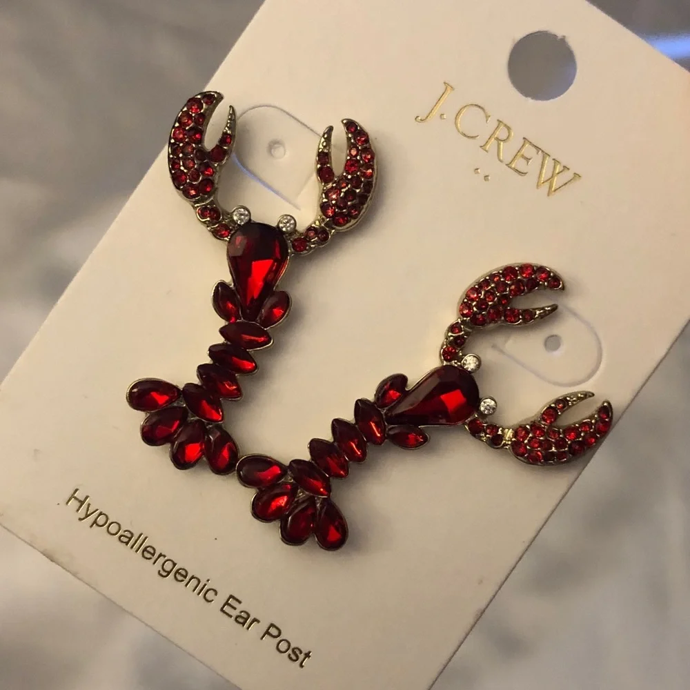 J. Crew Factory Silver Tone & Red Crystal Encrusted Lobster Drop Earrings NWT